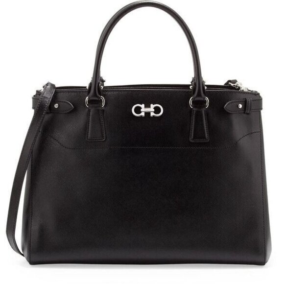 Salvatore Ferragamo Womens Large Black Saffiano Leather Batik Tote Bag Crossbody - Picture 10 of 10